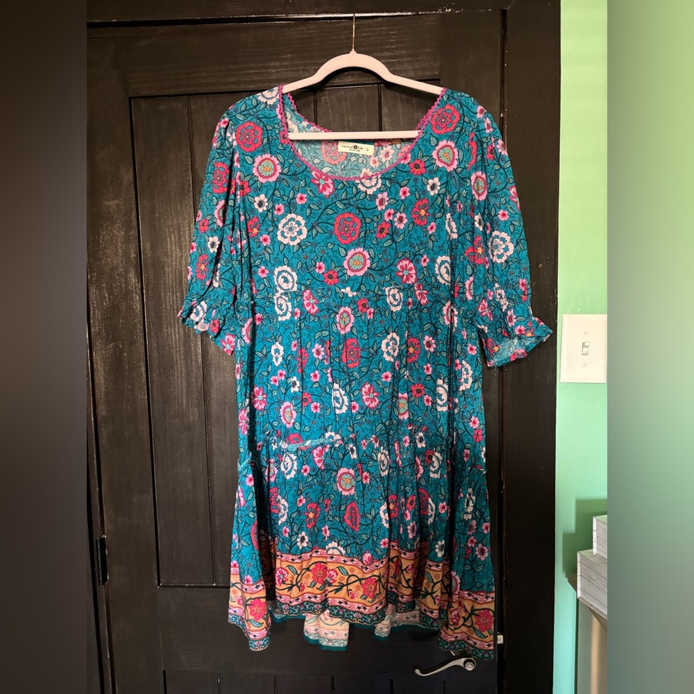 Natural Life Vibrant Blue Dress with Pink Floral Accents